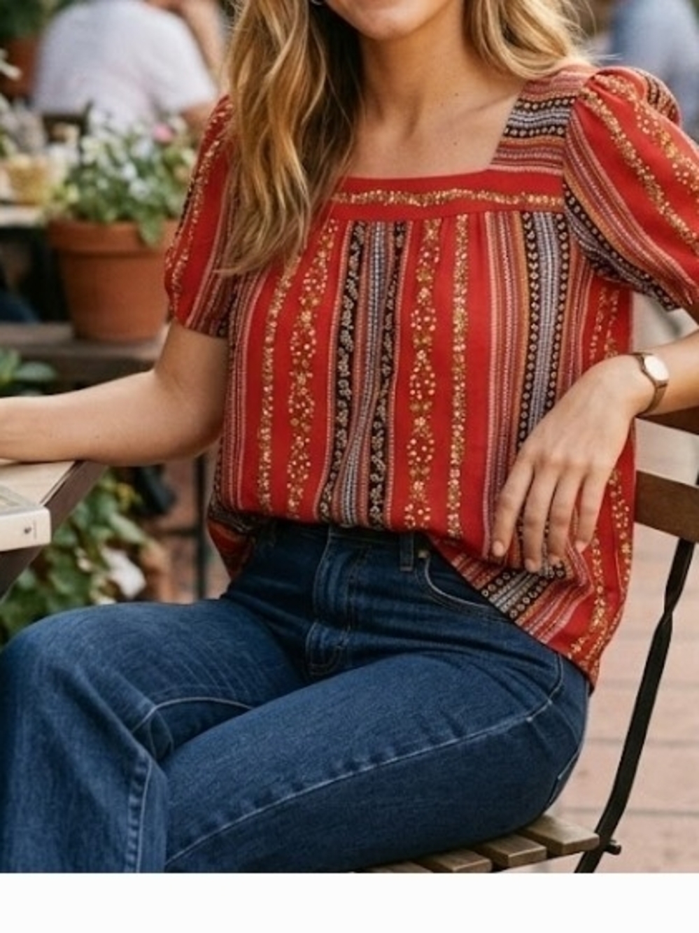 LOFT Rust-Red Striped Square-Neck Peasant Blouse Size XS